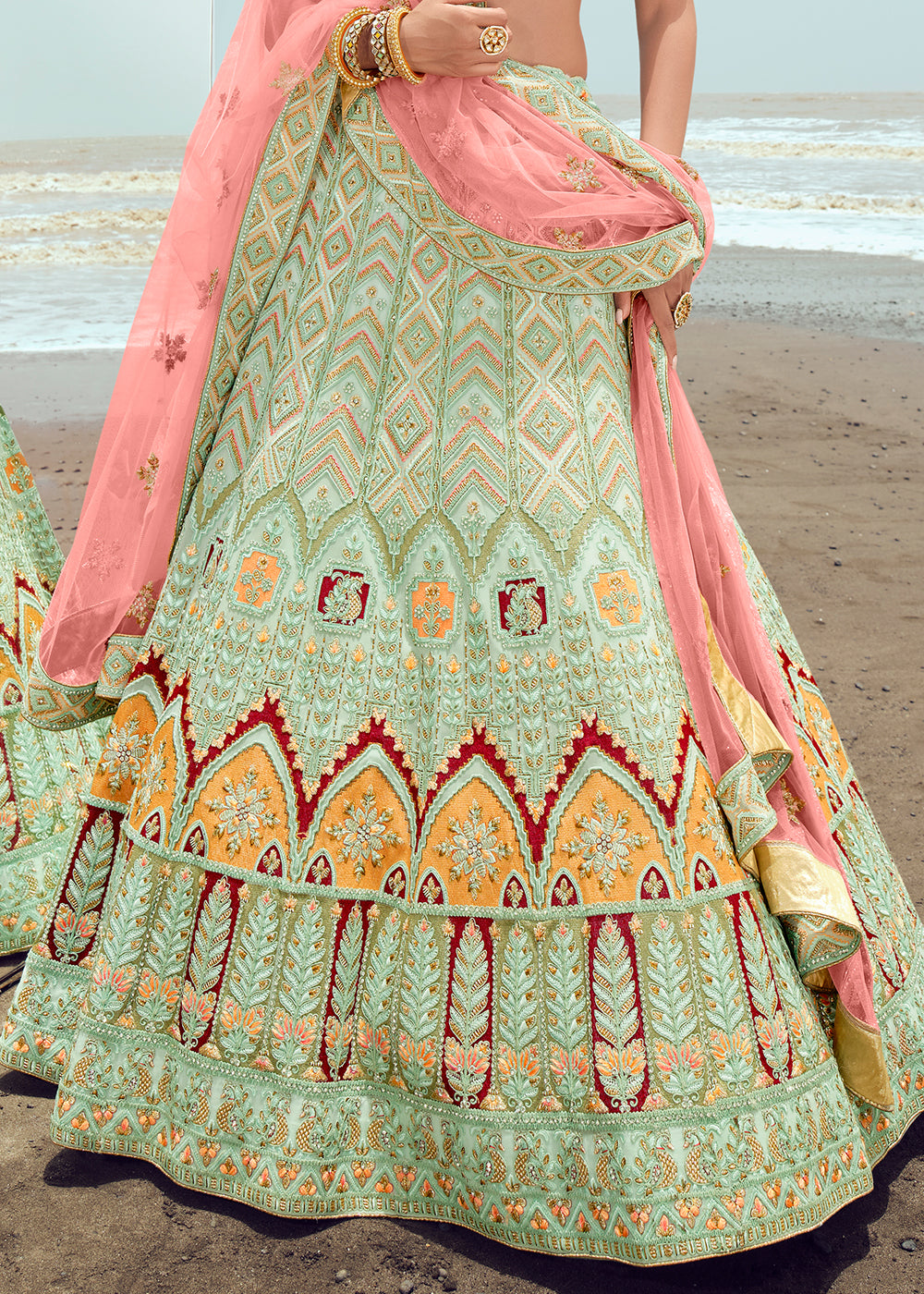 MINT GREEN HEAVY  EMBROIDERED PREMIUM DESIGNER LEHENGA