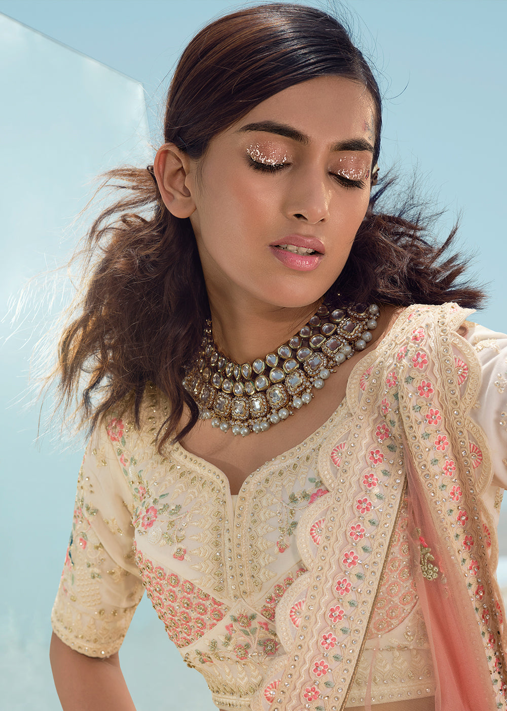 PEARL WHITE HEAVY EMBROIDERED PREMIUM DESIGNER LEHENGA