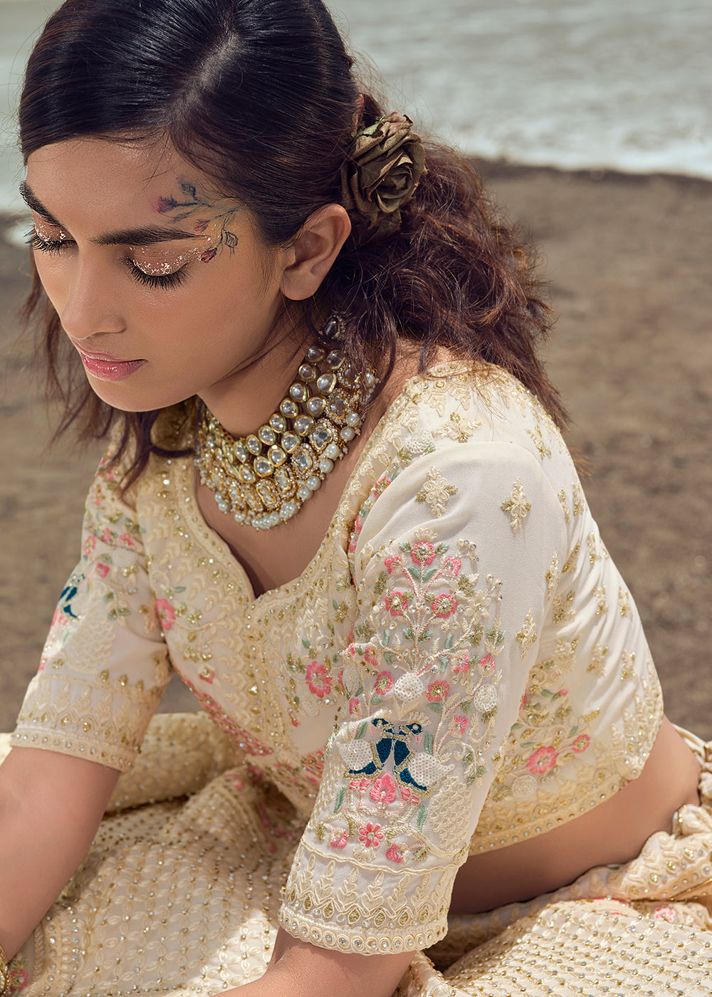 PEARL WHITE HEAVY EMBROIDERED PREMIUM DESIGNER LEHENGA
