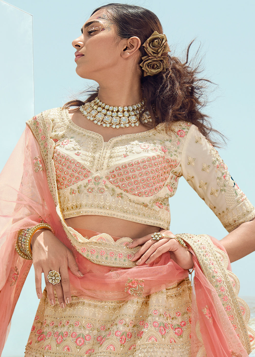 PEARL WHITE HEAVY EMBROIDERED PREMIUM DESIGNER LEHENGA