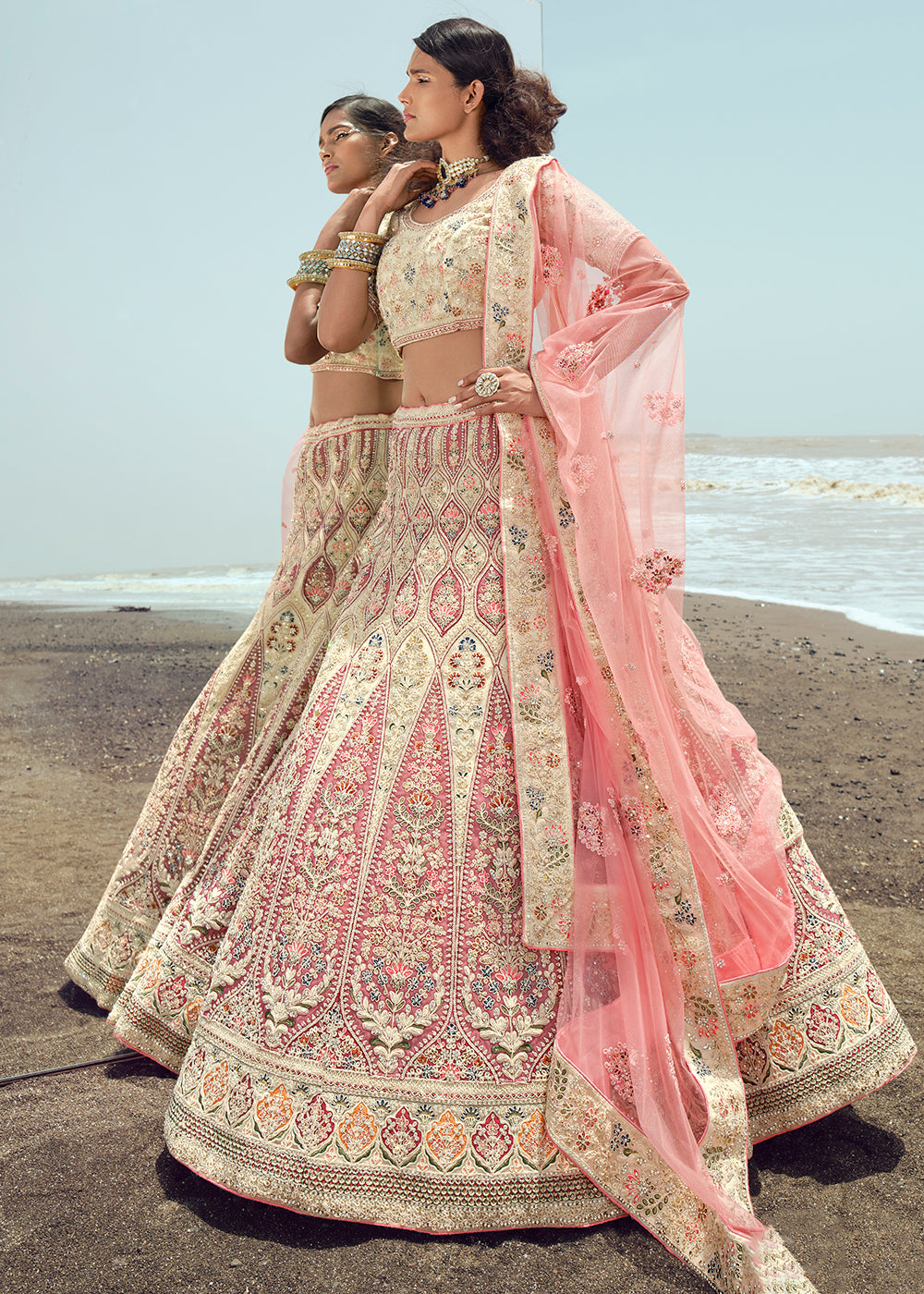 PEARL WHITE AND PINK HEAVY EMBROIDERED PREMIUM DESIGNER LEHENGA zarikaariindia