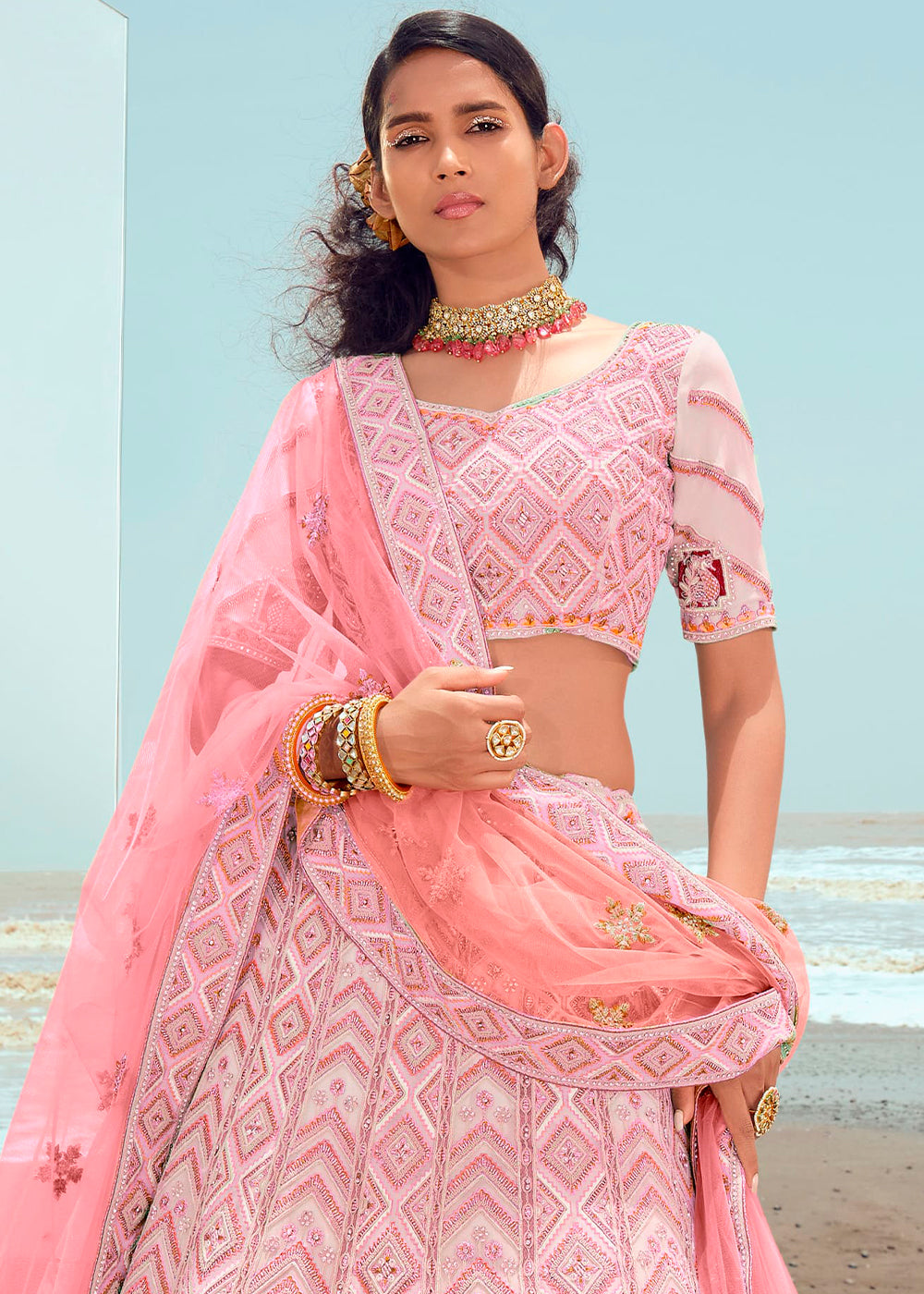 LEMONADE PINK HEAVY EMBROIDERED PREMIUM DESIGNER LEHENGA