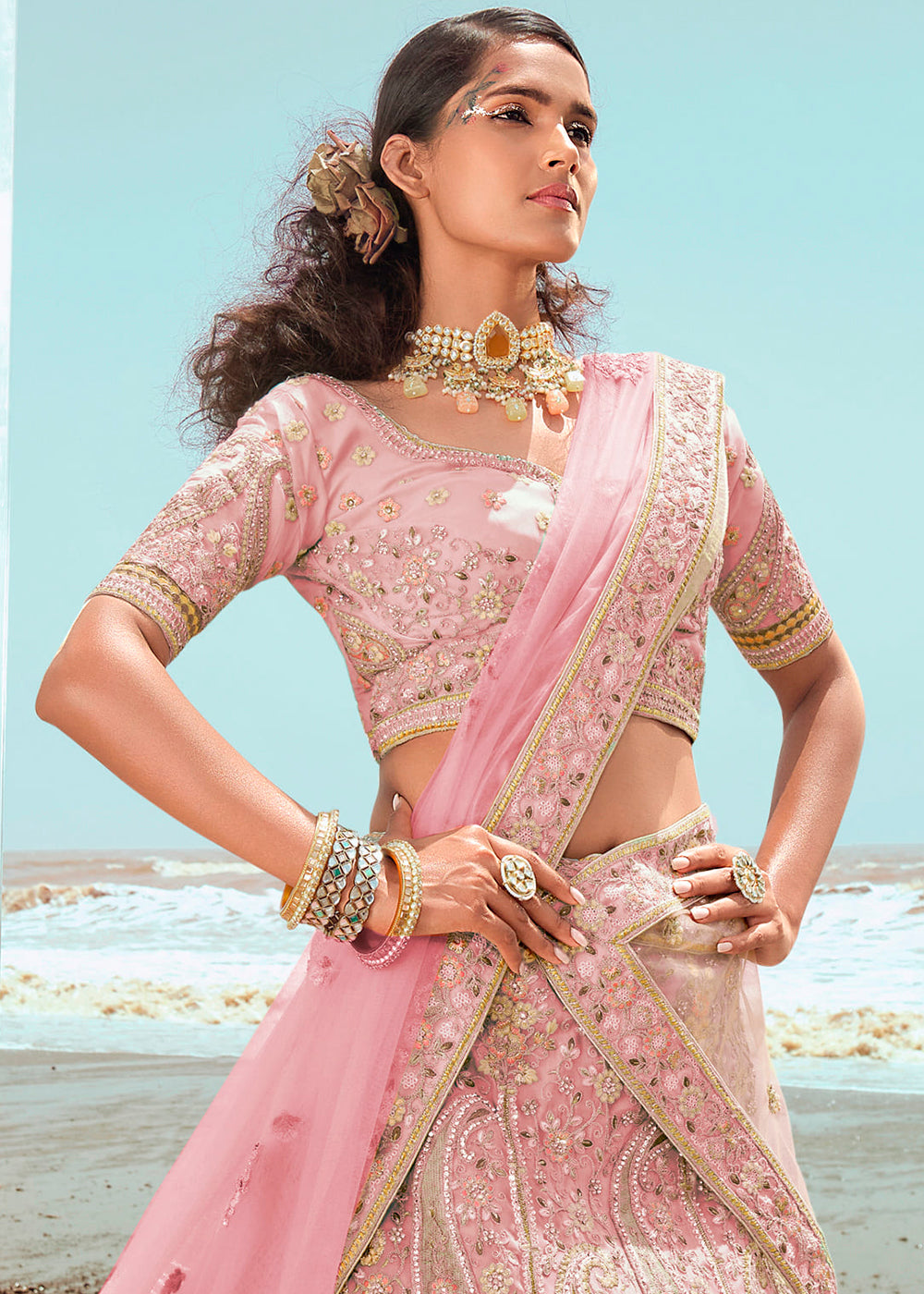 PASTEL PINK HEAVY EMBROIDERED PREMIUM DESIGNER LEHENGA