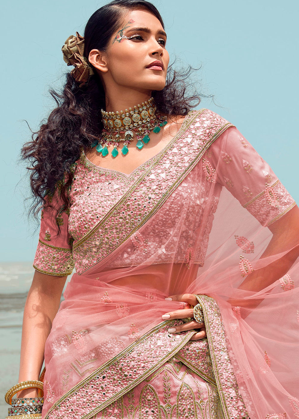 SALMON PINK HEAVY EMBROIDERED PREMIUM DESIGNER LEHENGA