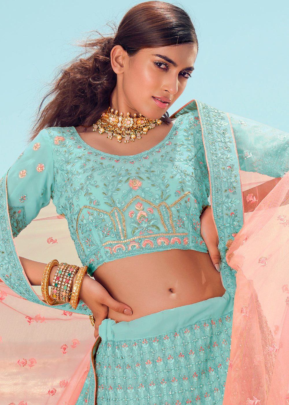 LIGHT TURQUOISE HEAVY EMBROIDERED PREMIUM DESIGNER LEHENGA