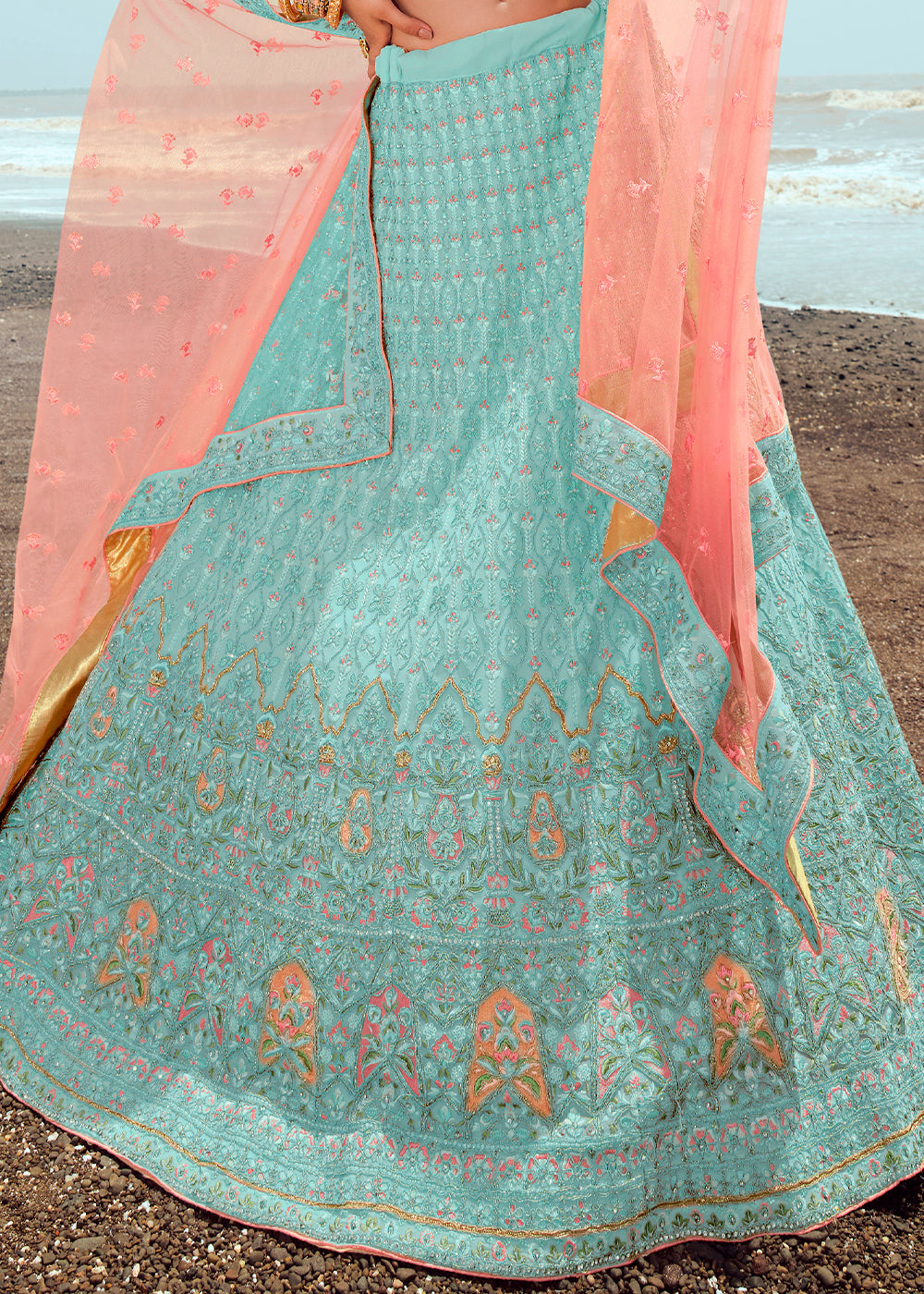 LIGHT TURQUOISE HEAVY EMBROIDERED PREMIUM DESIGNER LEHENGA