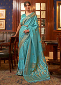 TURQUOISE BLUE ZARI WOVEN PURE SATIN SILK SAREE