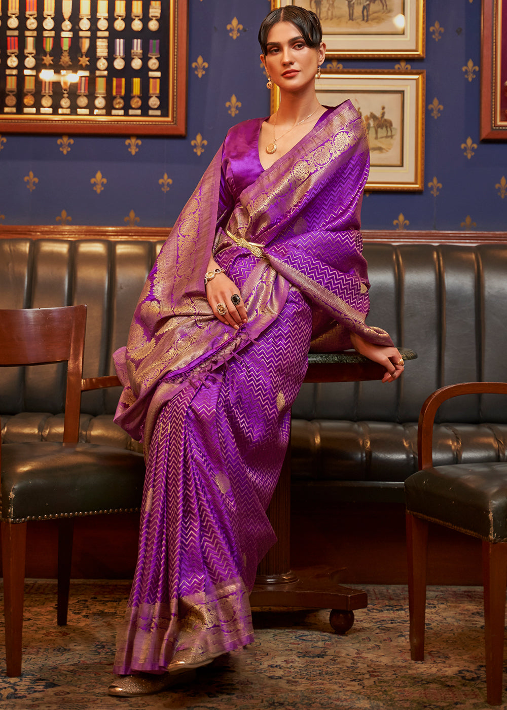 TRUE PURPLE ZARI WOVEN PURE SATIN SILK SAREE