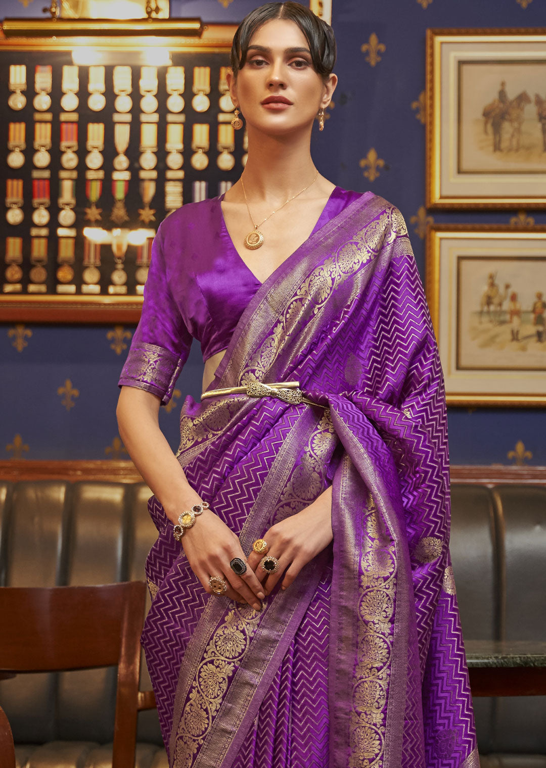 TRUE PURPLE ZARI WOVEN PURE SATIN SILK SAREE