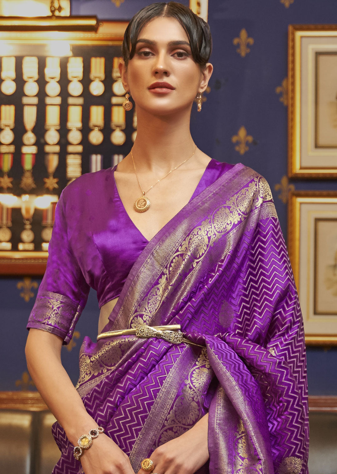 TRUE PURPLE ZARI WOVEN PURE SATIN SILK SAREE
