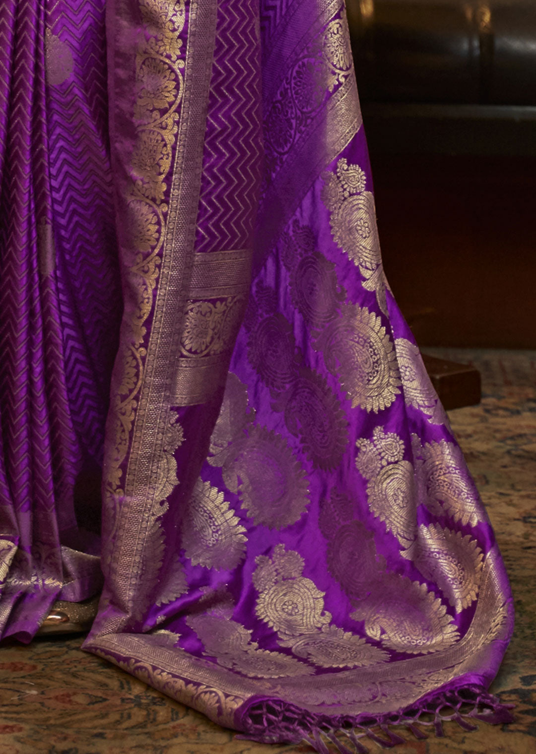 TRUE PURPLE ZARI WOVEN PURE SATIN SILK SAREE