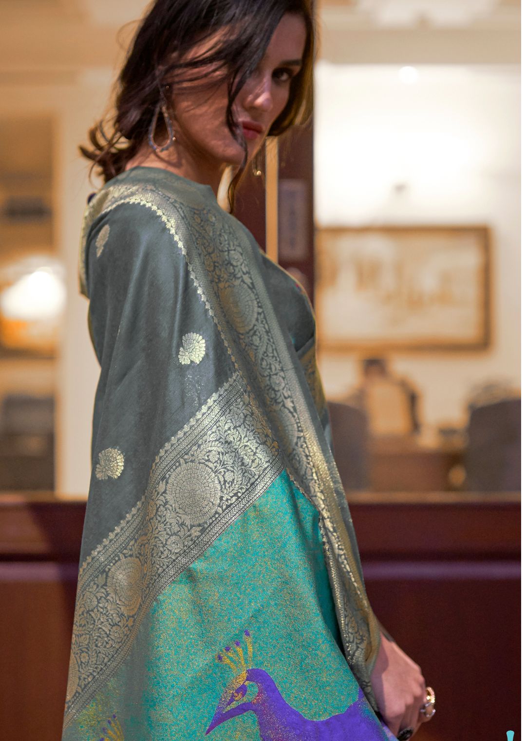 Coin Gray Zari Woven Pure Handloom Banarasi Silk Saree