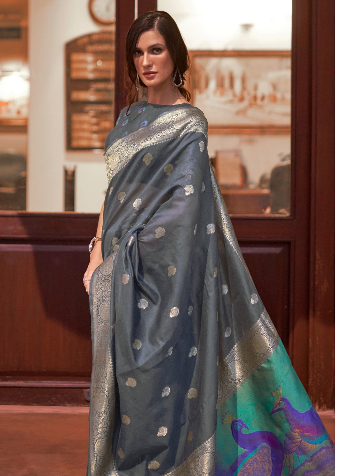 Coin Gray Zari Woven Pure Handloom Banarasi Silk Saree