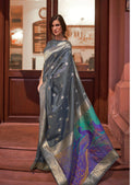 Coin Gray Zari Woven Pure Handloom Banarasi Silk Saree
