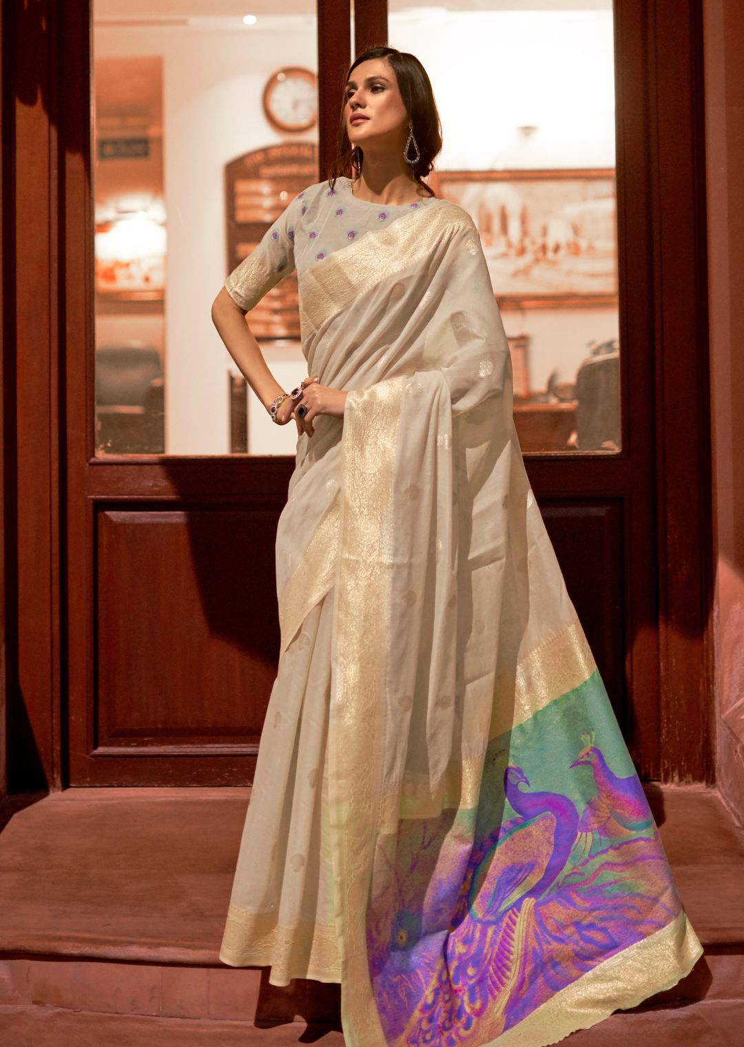 Light Gray Gold White Zari Cotton Silk Banarasi Saree – Wearitage India