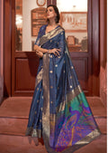 Deep Yale Blue Zari Woven Pure Handloom Banarasi Silk Saree