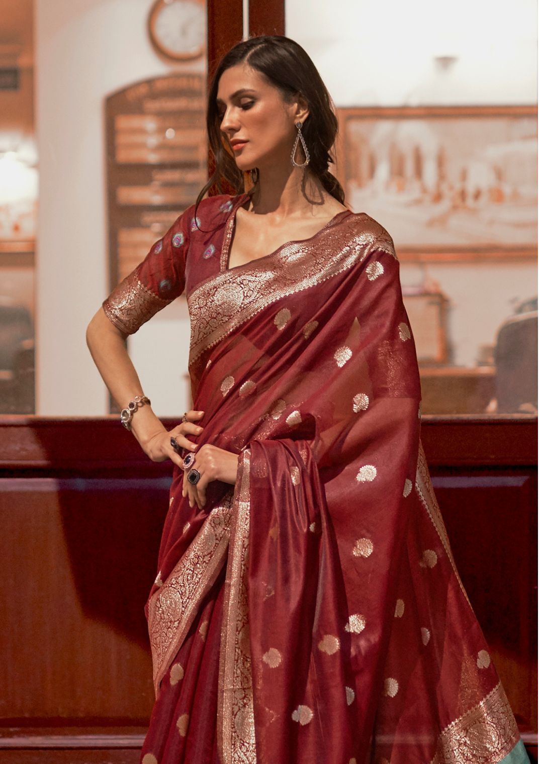 Brick Red Zari Woven Pure Handloom Banarasi Silk Saree