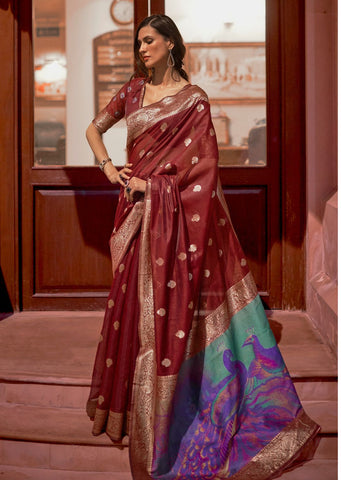 Brick Red Zari Woven Pure Handloom Banarasi Silk Saree