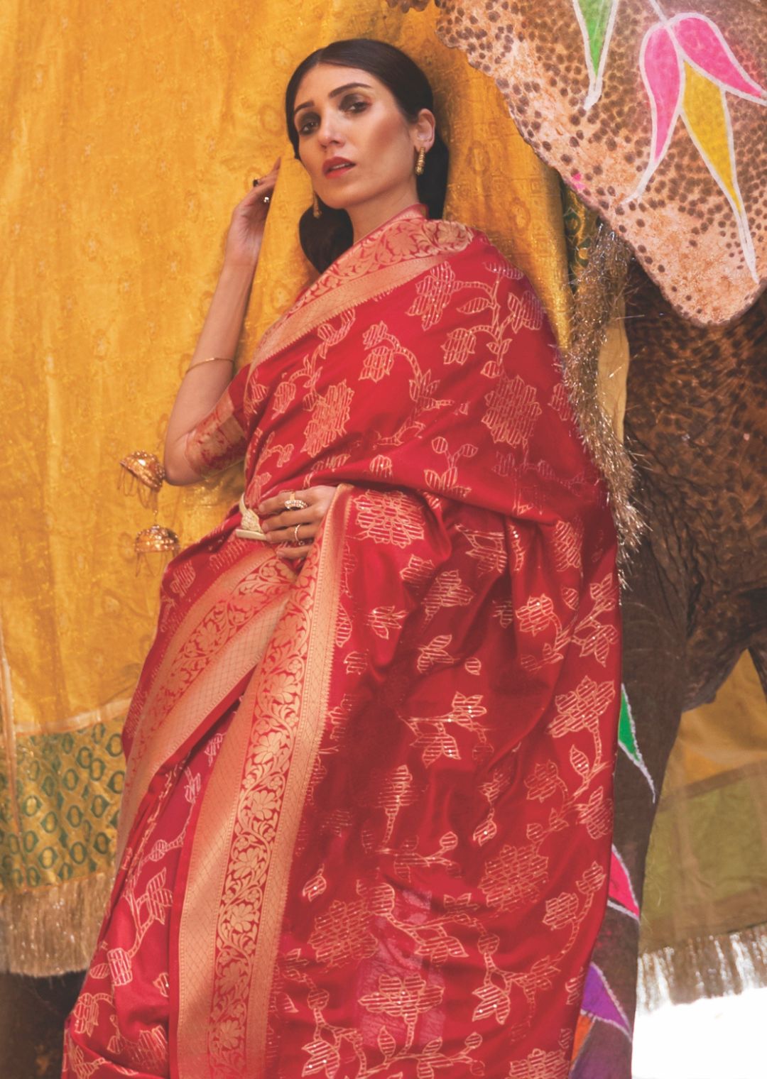Red Sequins Woven Pure Handloom Banarasi Silk Saree