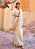 Pearl White Sequins Woven Pure Handloom Banarasi Silk Saree