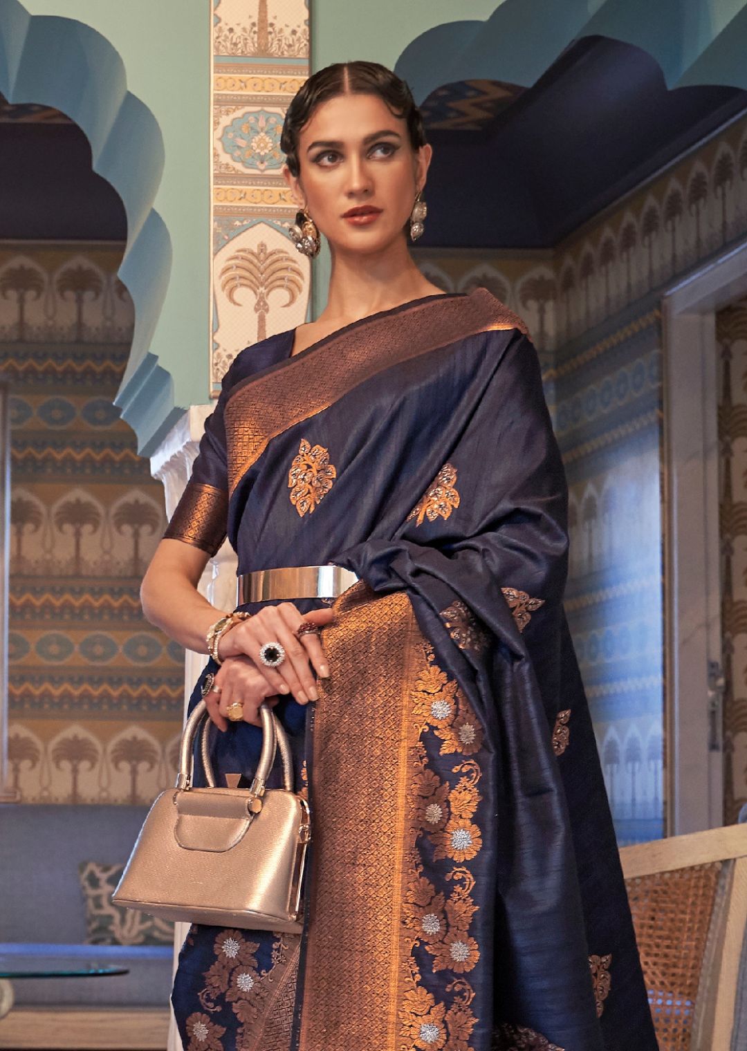 Navy Blue Zari Woven Pure Handloom Banarasi Silk Saree