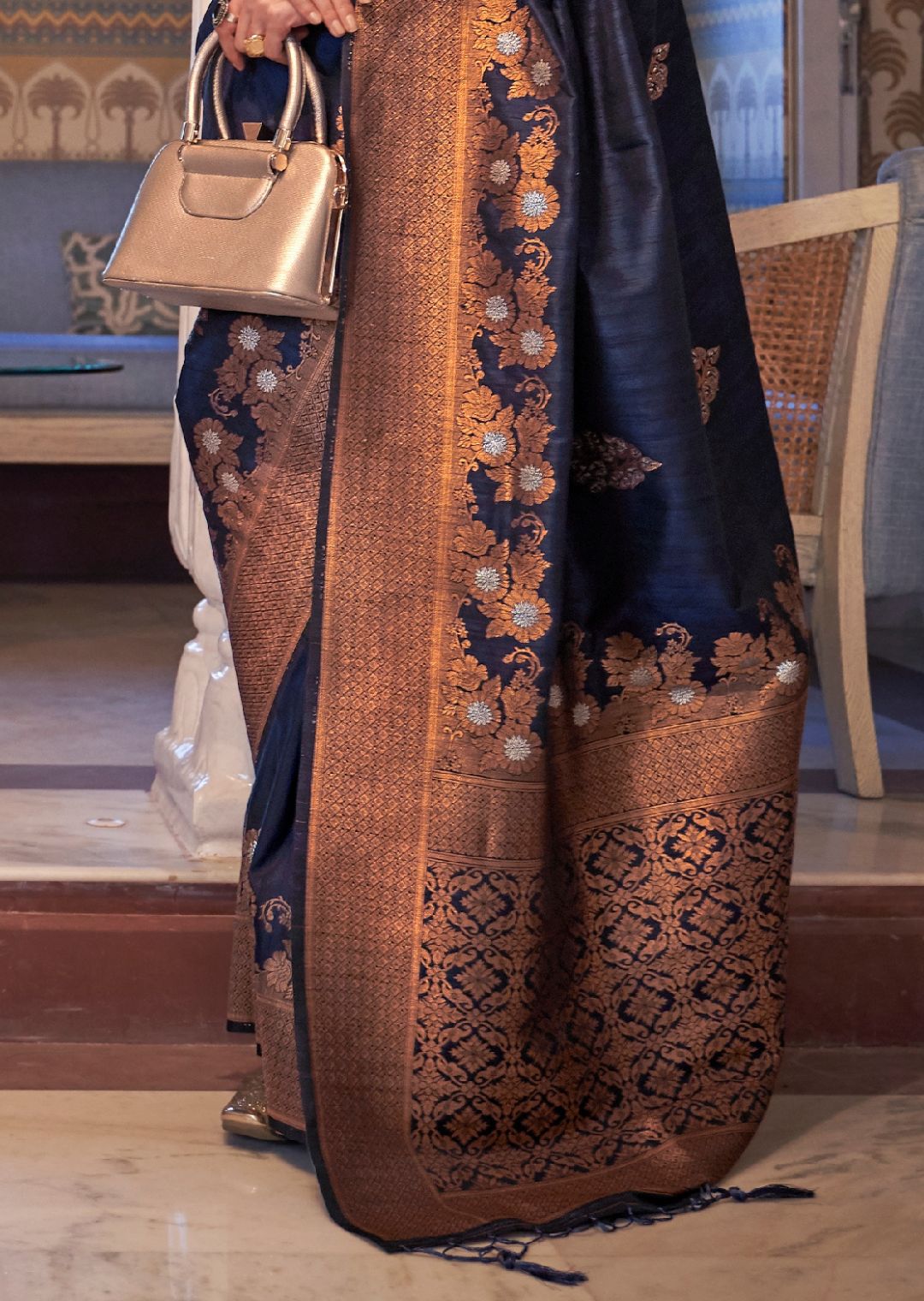 Navy Blue Zari Woven Pure Handloom Banarasi Silk Saree