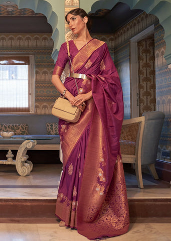 Berry Purple Zari Woven Pure Handloom Banarasi Silk Saree
