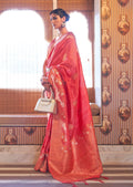 Deep Watermelon Red Zari Woven Pure Handloom Banarasi Silk Saree