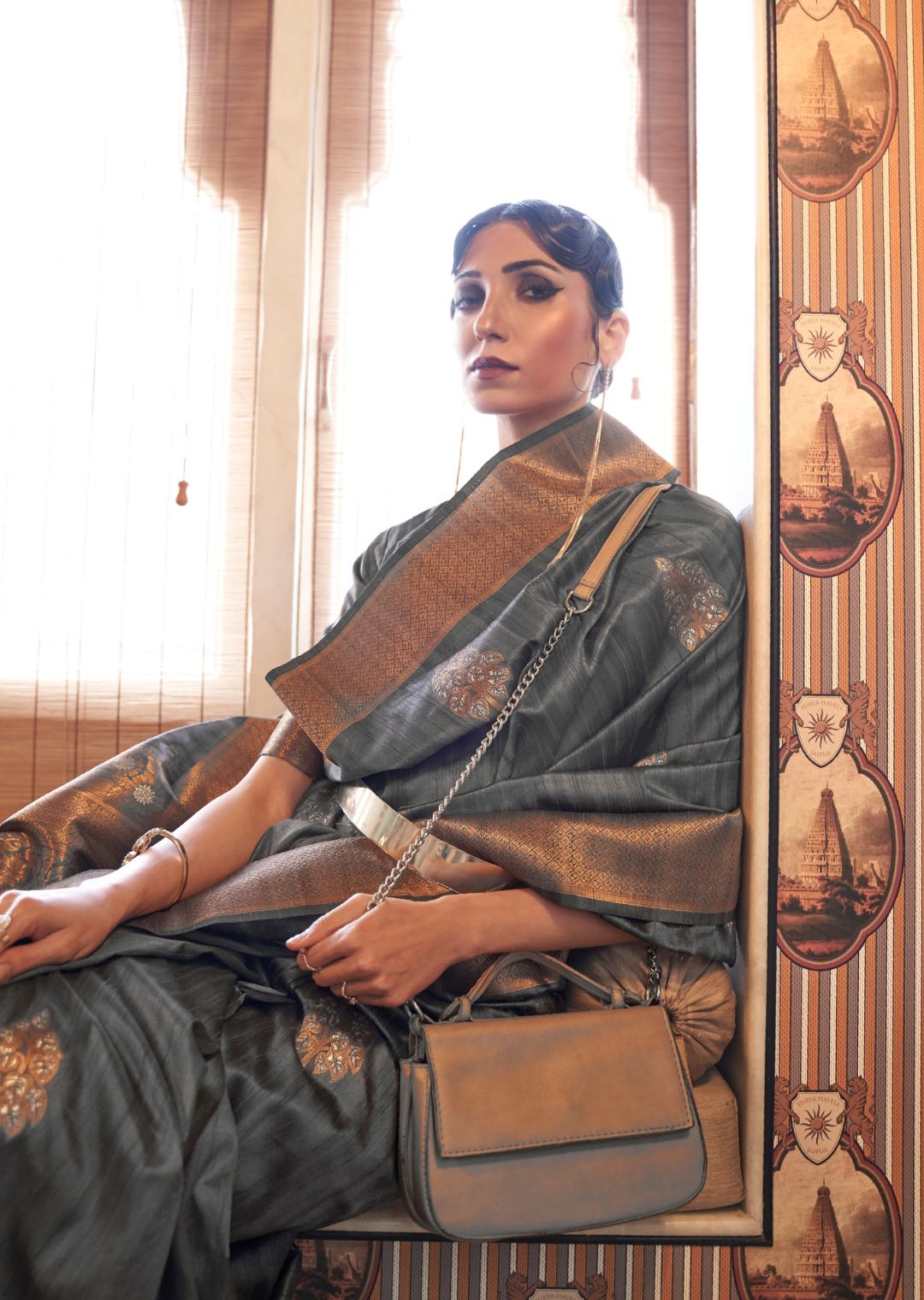 Pewter Gray Zari Woven Pure Handloom Banarasi Silk Saree