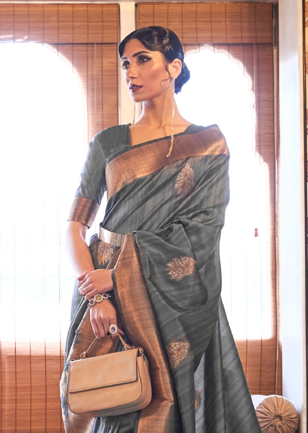 Pewter Gray Zari Woven Pure Handloom Banarasi Silk Saree