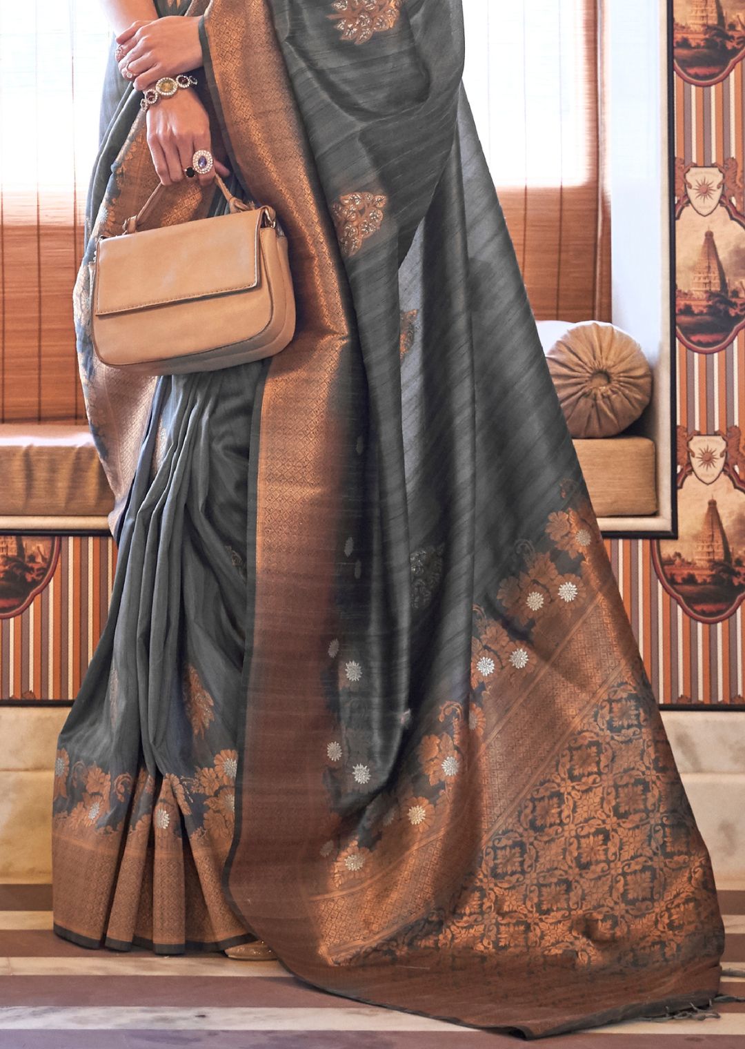Pewter Gray Zari Woven Pure Handloom Banarasi Silk Saree