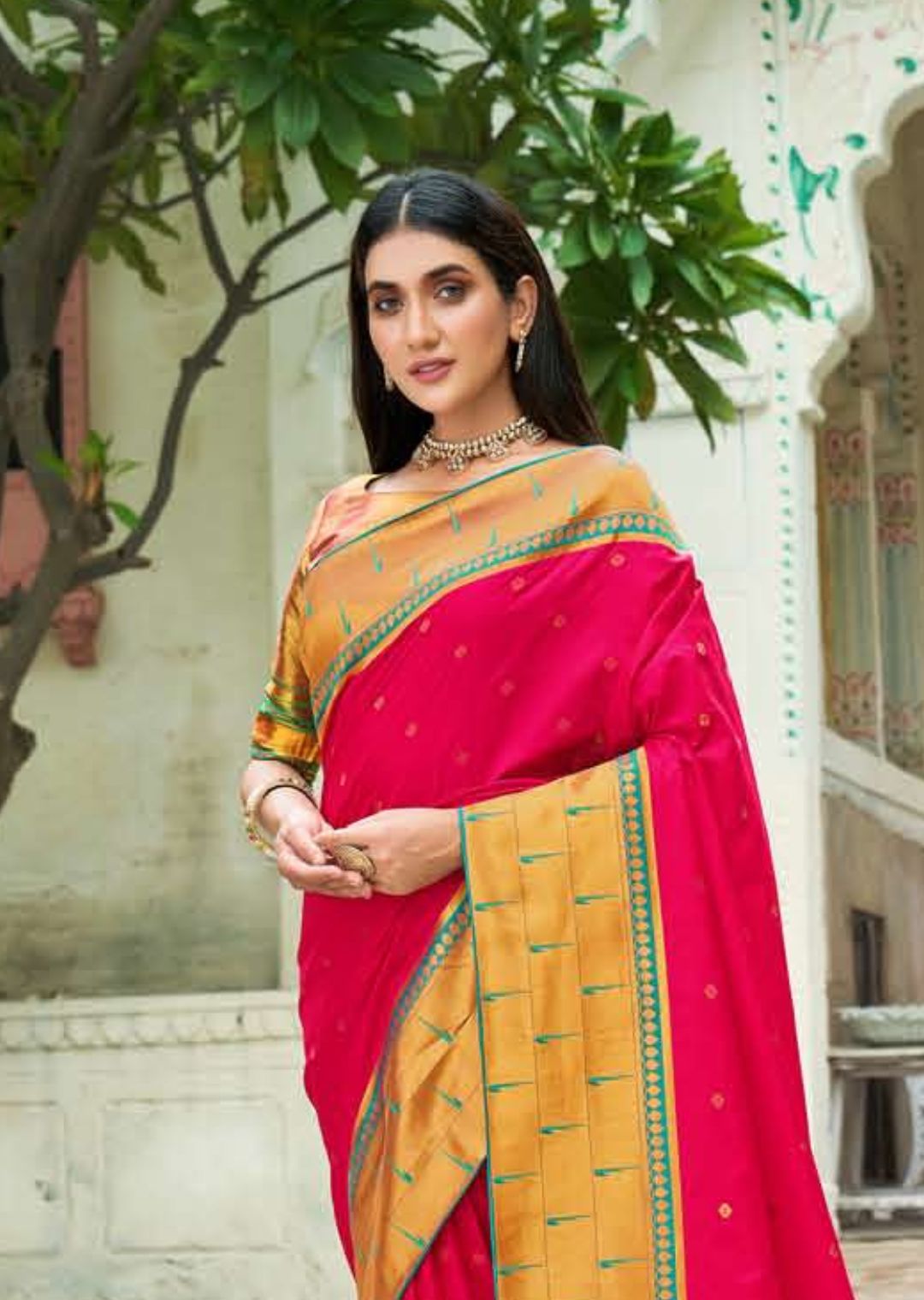 Ruby Pink Woven Traditional Paithani Silk Saree