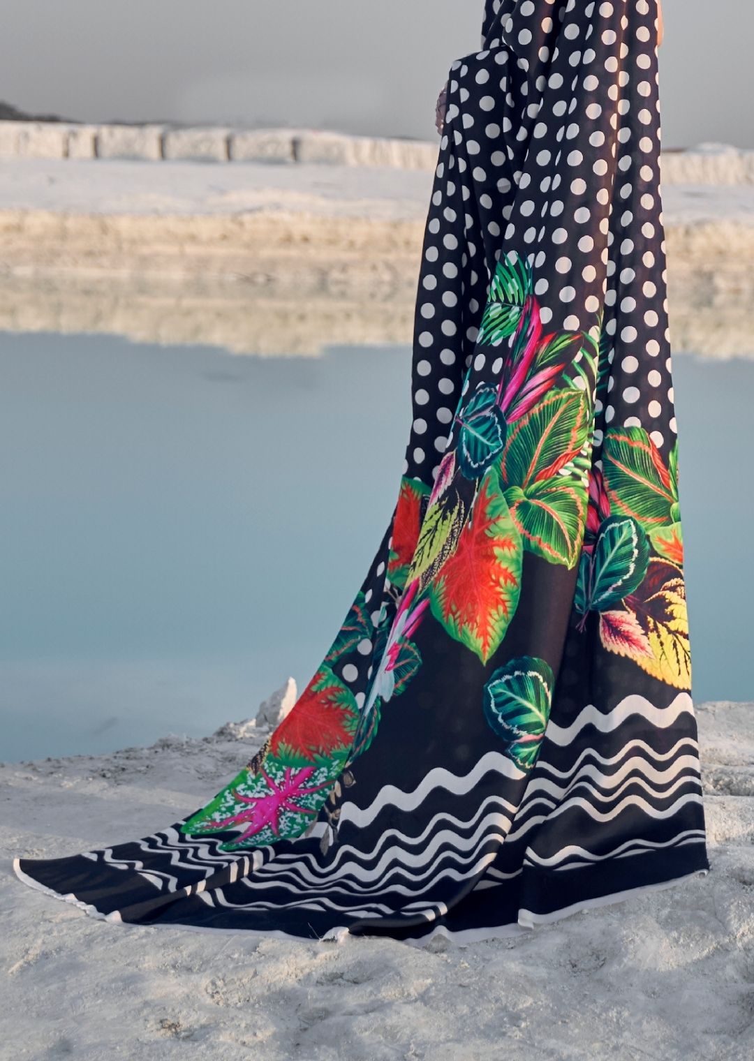 Black Digital Printed Satin Crepe Saree