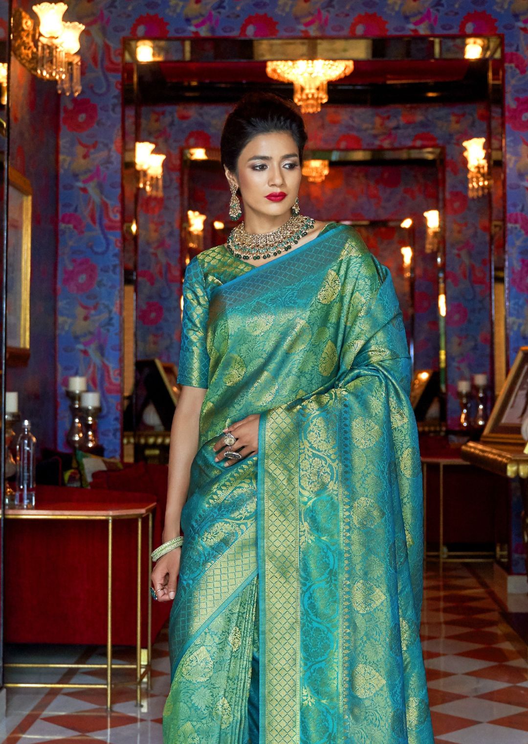 Turquoise Green Hand Woven Kanjivaram Silk Saree