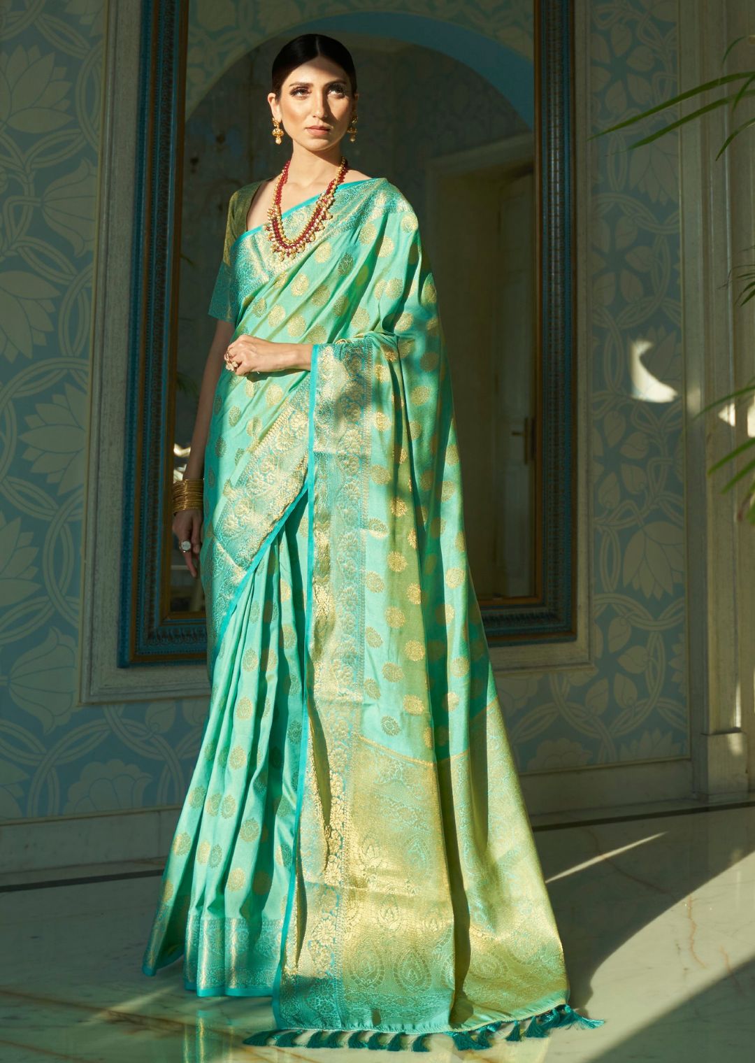 Aqua Blue Woven Handloom Zari Silk Saree