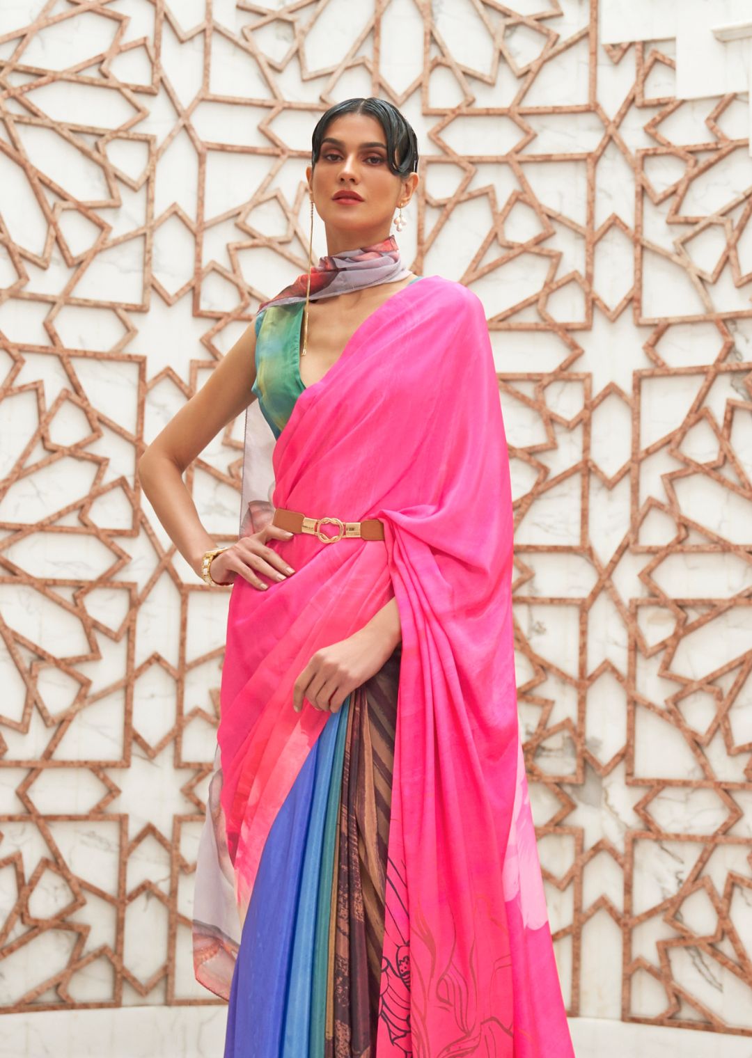 Hot Pink Kalamkari Printed Pure Crepe Silk Saree