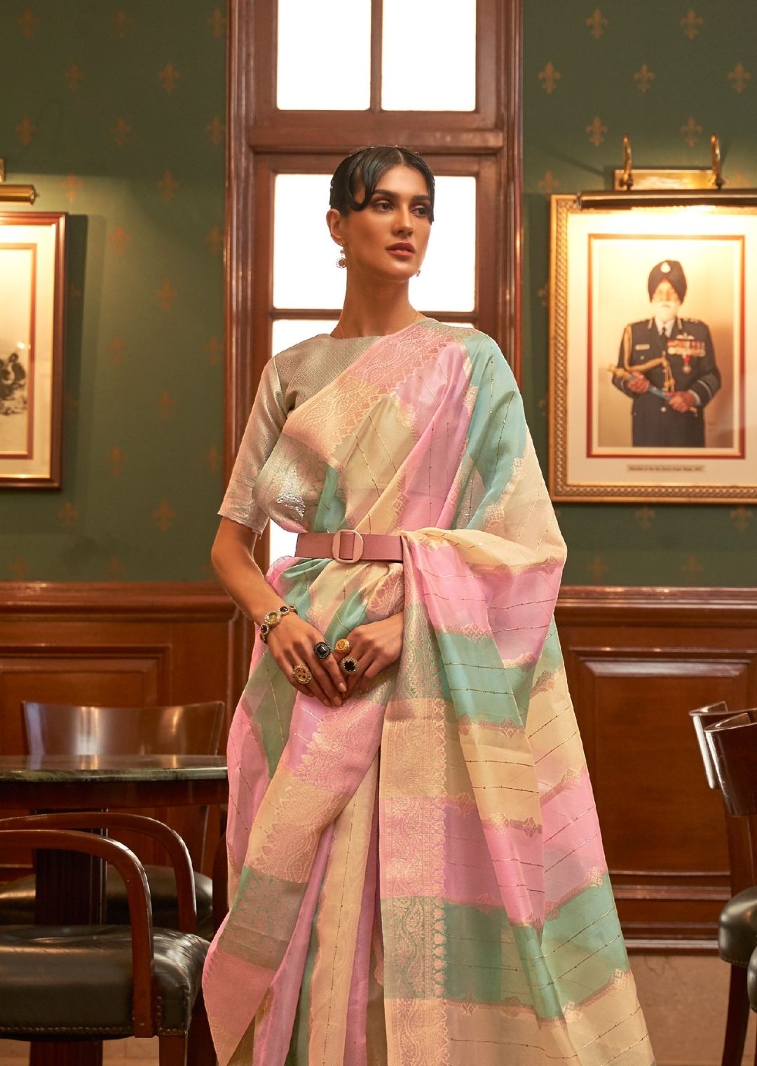 Turquoise Green & Cream Zari Woven Pure Handloom Organza Silk Saree With Sequins Work