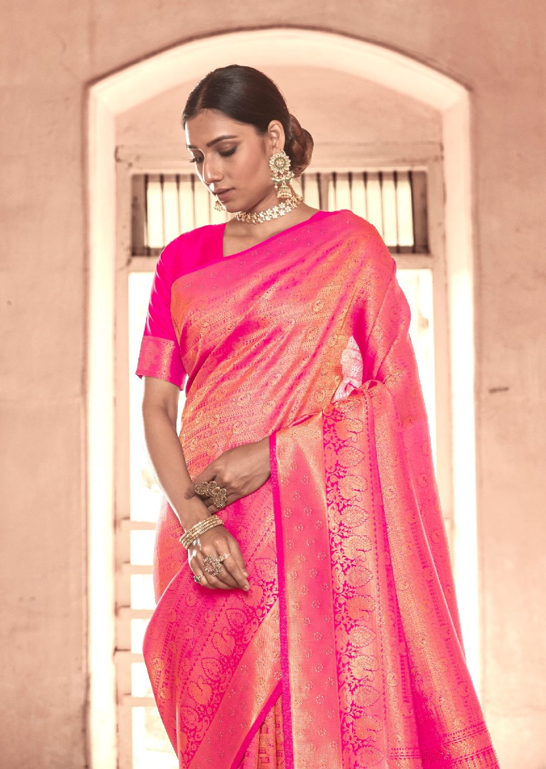 Pink Swaroski Hand Woven Kanjivaram Silk Saree