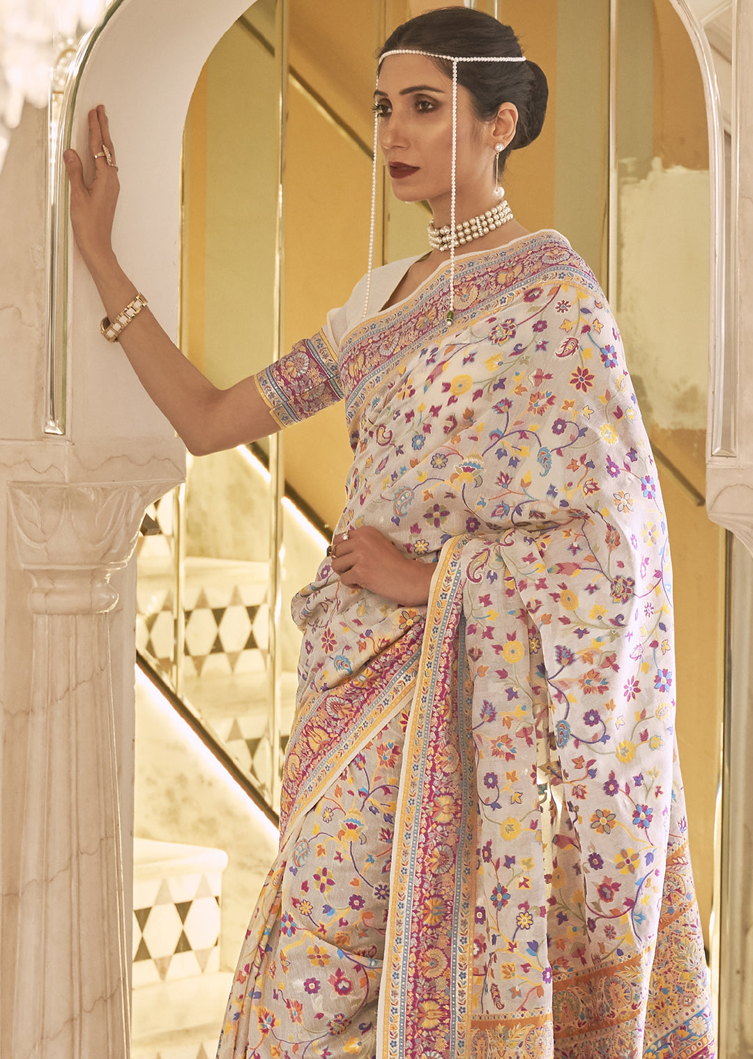 PEARL WHITE RESHAM WOVEN KASHMIRI JAMEWAR SILK SAREE