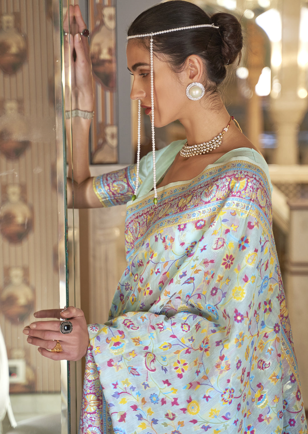 POWDER BLUE RESHAM WOVEN KASHMIRI JAMEWAR SILK SAREE
