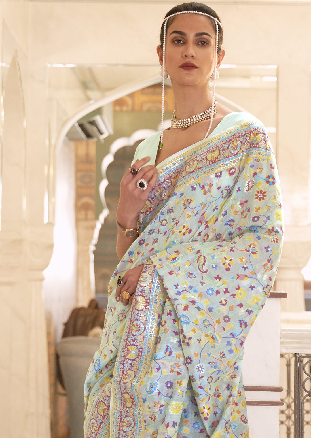 POWDER BLUE RESHAM WOVEN KASHMIRI JAMEWAR SILK SAREE