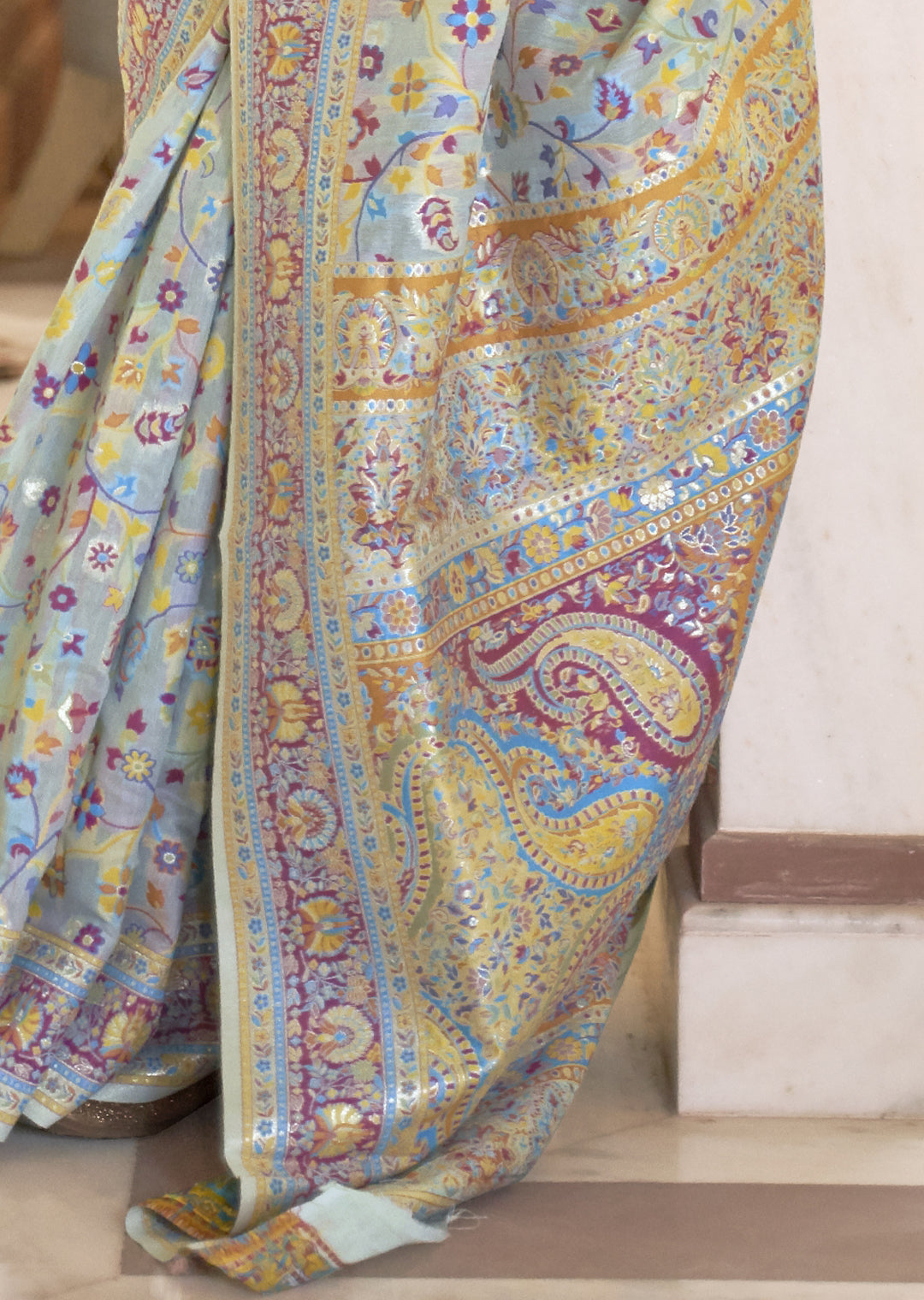 POWDER BLUE RESHAM WOVEN KASHMIRI JAMEWAR SILK SAREE