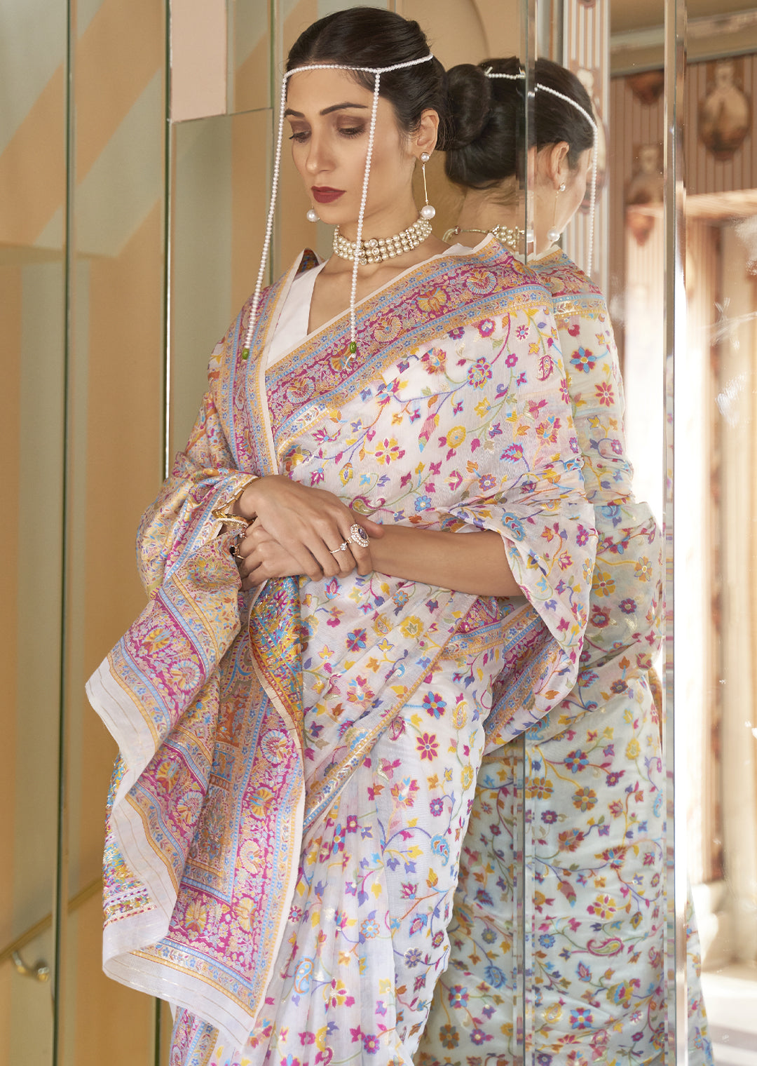 PEARL WHITE RESHAM WOVEN KASHMIRI JAMEWAR SILK SAREE