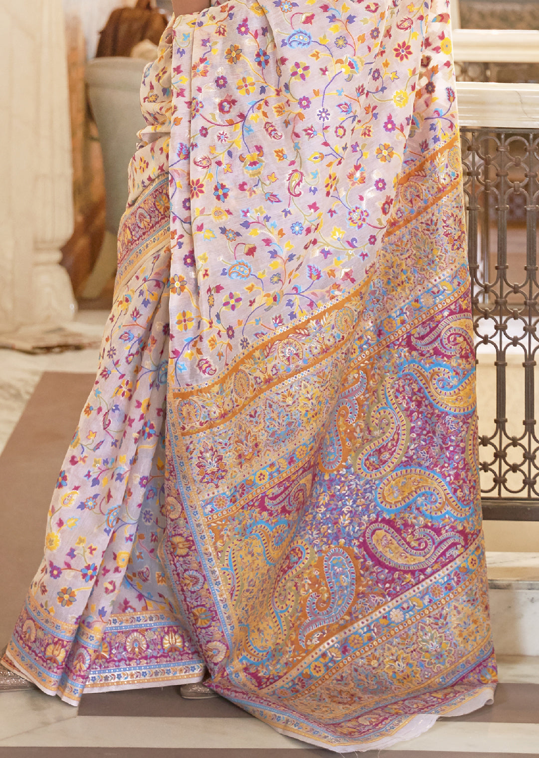 PEARL WHITE RESHAM WOVEN KASHMIRI JAMEWAR SILK SAREE