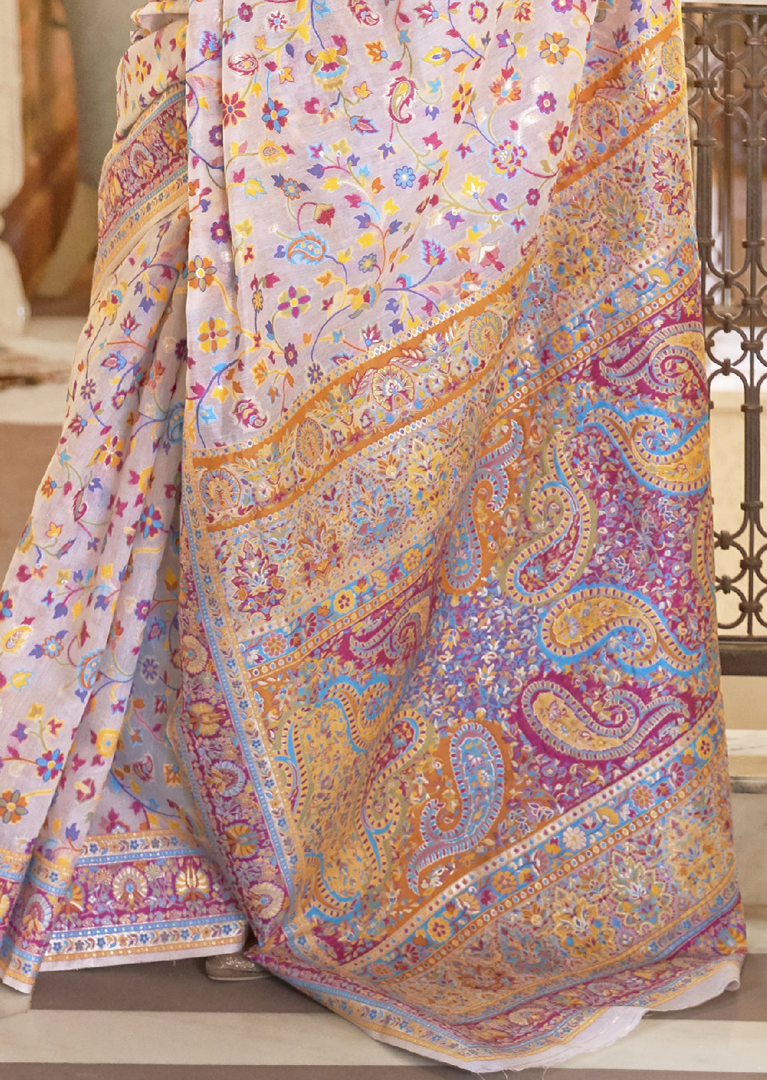 PEARL WHITE RESHAM WOVEN KASHMIRI JAMEWAR SILK SAREE