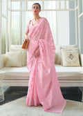 CARNATION PINK WOVEN PURE CHIKANKARI LUCKNOWI COTTON SAREE