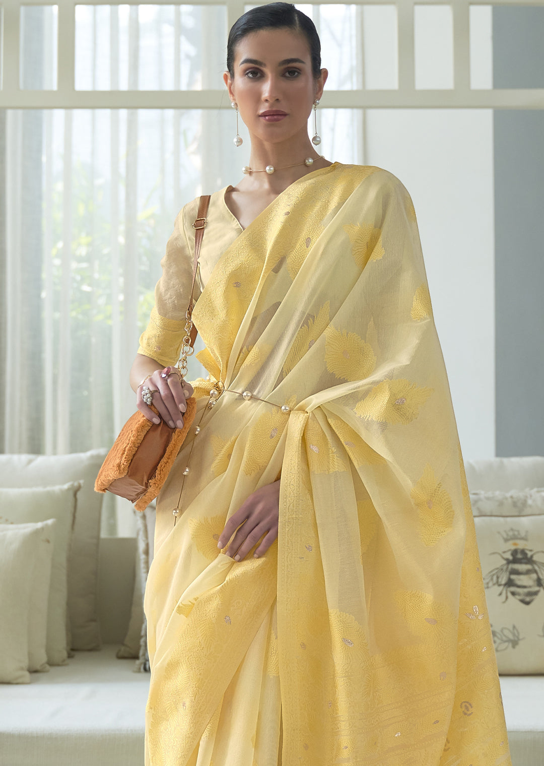 LEMONADE YELLOW WOVEN PURE CHIKANKARI LUCKNOWI COTTON SAREE