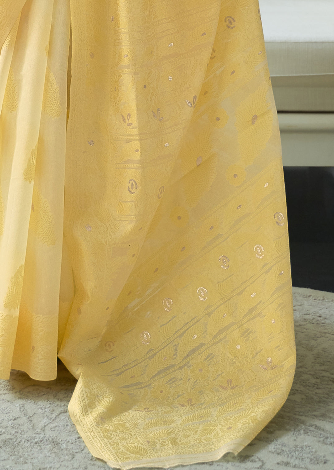 LEMONADE YELLOW WOVEN PURE CHIKANKARI LUCKNOWI COTTON SAREE