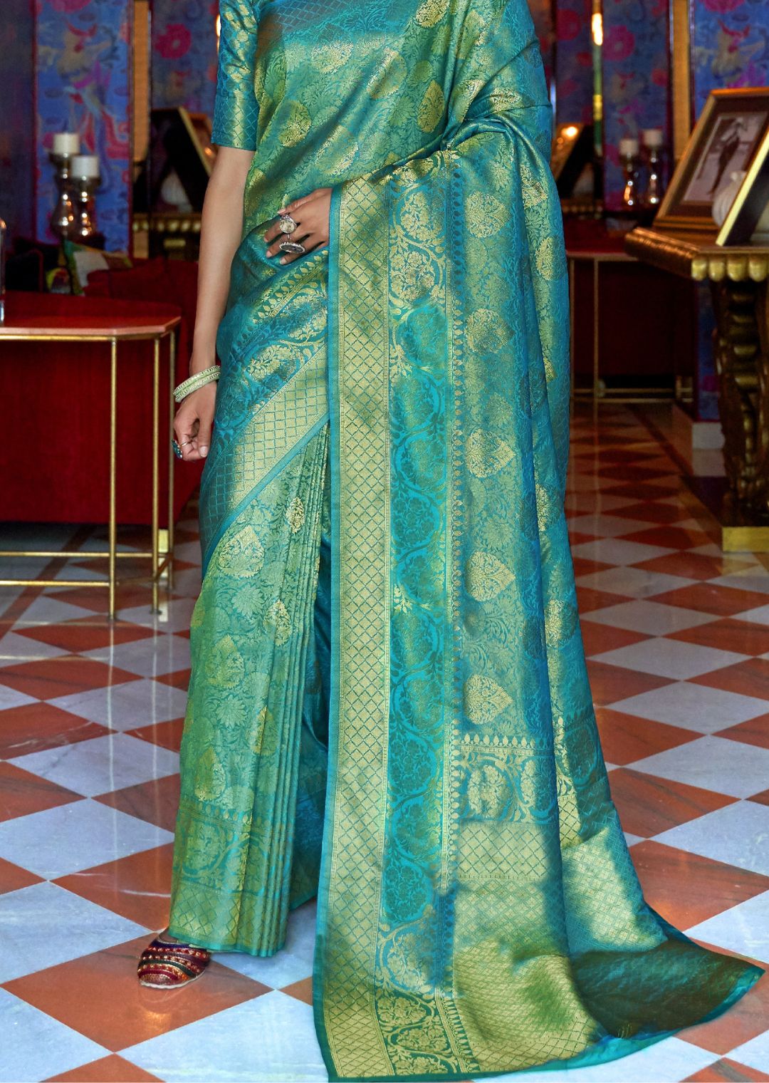 Turquoise Green Hand Woven Kanjivaram Silk Saree