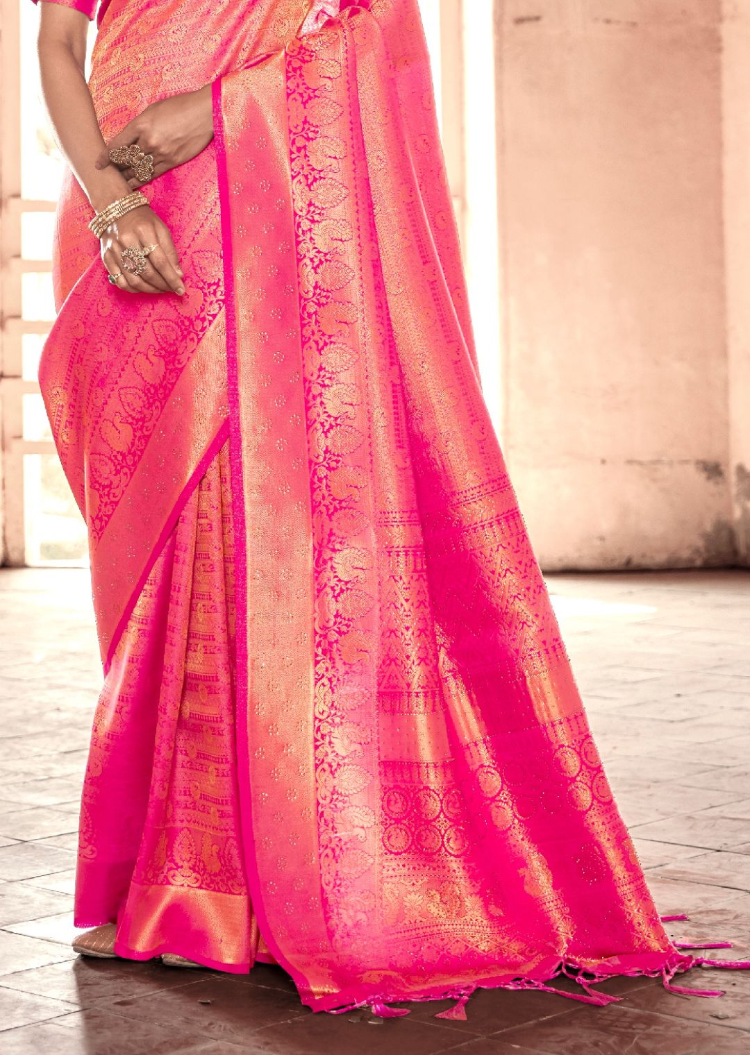 Pink Swaroski Hand Woven Kanjivaram Silk Saree